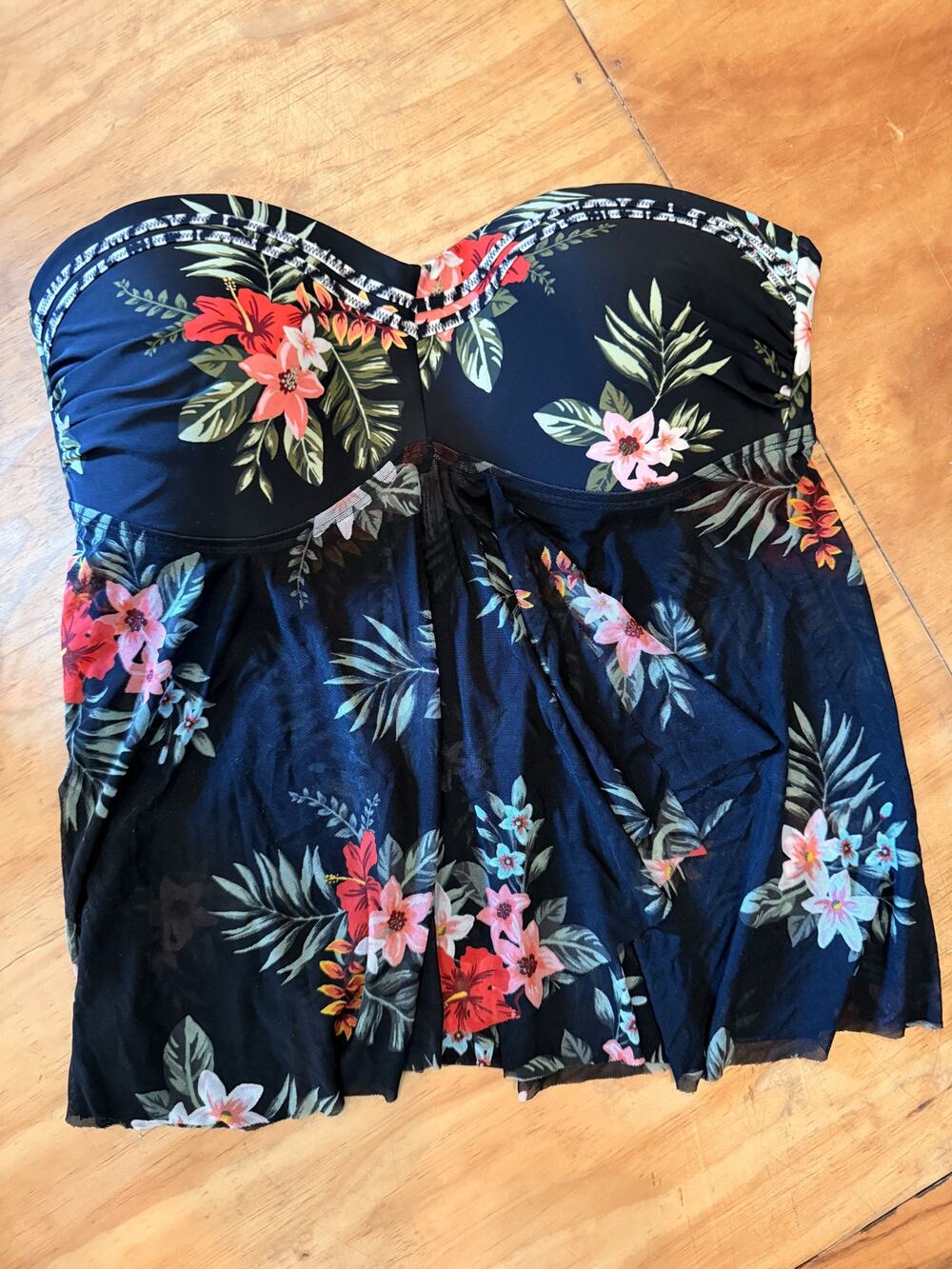 Kona Sol Women's Bandeau Flyaway Tankini Strapless Top  Black Floral Size L